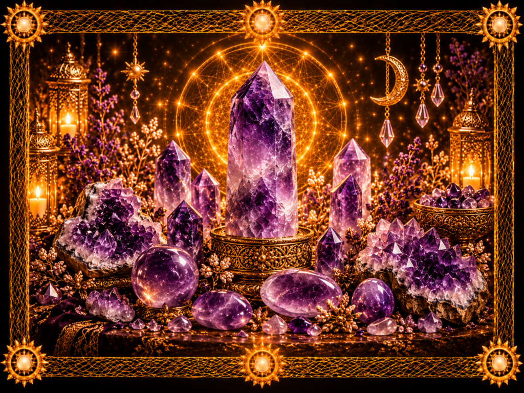Autel mystique doré avec améthystes violettes dans un tableau tissé de style grimoire ancien.