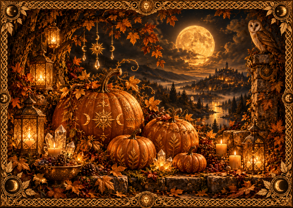 Citrouilles d’automne disposées sous une grande lune dorée, entourées de feuilles, de cristaux, de lanternes, d’une chouette et d’un cadre complet en macramé doré ancien.