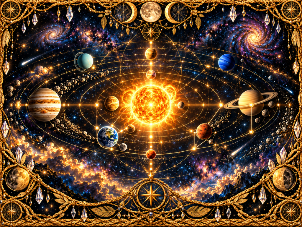 Configurations célestes du Système solaire représentées par le Soleil et plusieurs planètes disposées sur leurs orbites, avec alignements, tracés géométriques, étoiles et cadre en macramé doré.
