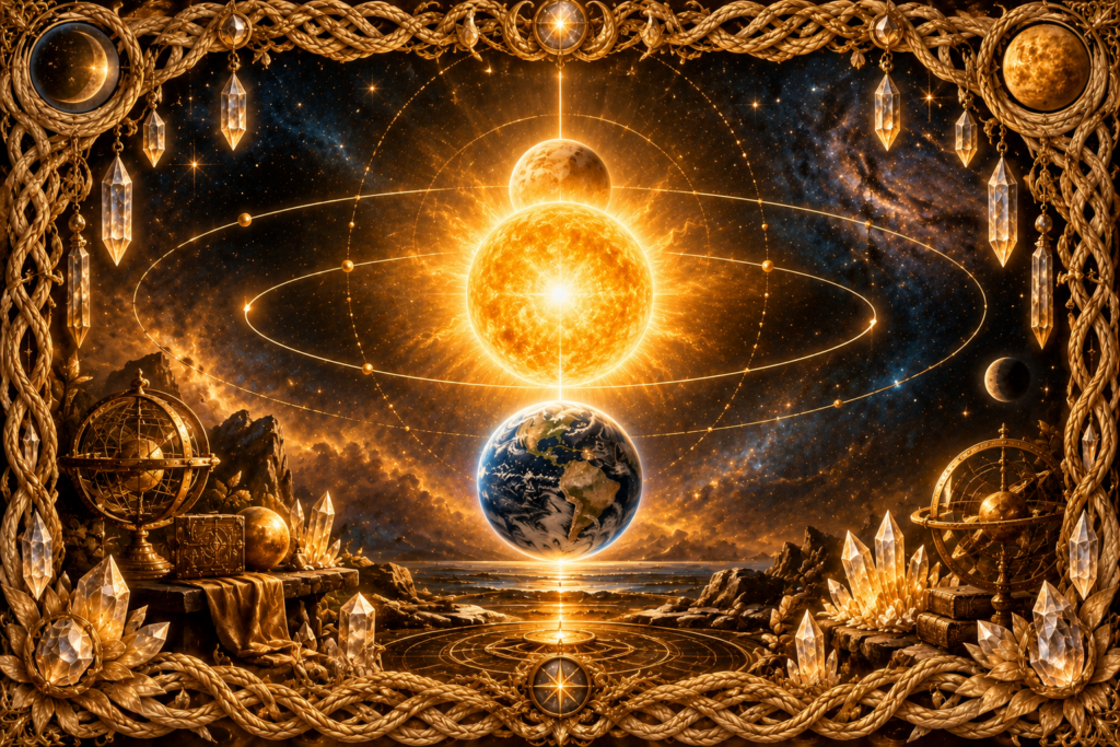 Conjonction supérieure de Vénus représentée par l’alignement entre la Terre, le Soleil et Vénus, avec orbites dorées, cristaux, instruments célestes et cadre complet en macramé doré ancien.