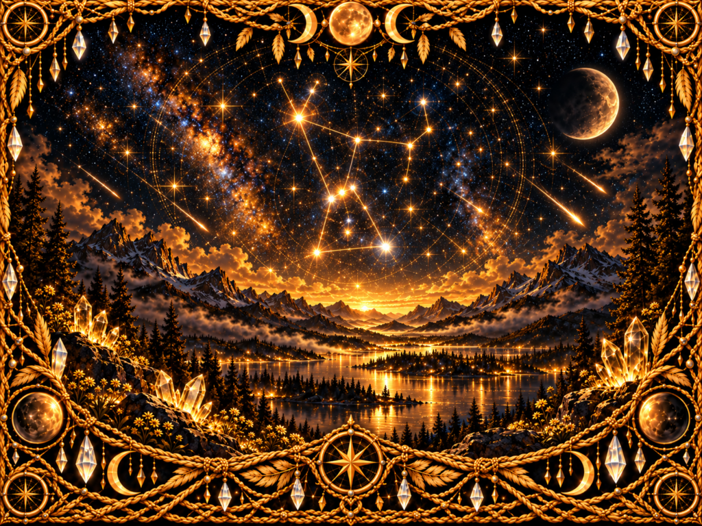 Constellation d’Orion représentée dans un ciel étoilé au-dessus d’un paysage de montagnes et de lac, avec ses principales étoiles reliées par des tracés lumineux et entourées d’un cadre doré tissé de cristaux.