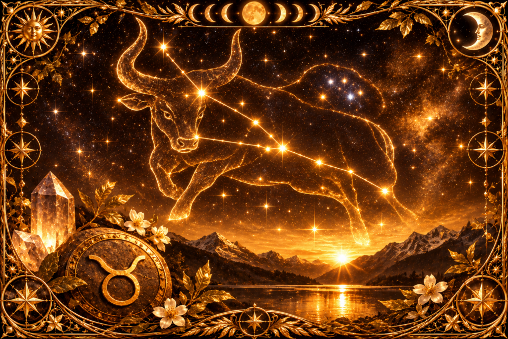 Constellation du Taureau représentée par des étoiles reliées formant la silhouette d’un taureau doré dans un ciel étoilé, avec les Pléiades, la Lune, des cristaux et un cadre doré ancien.