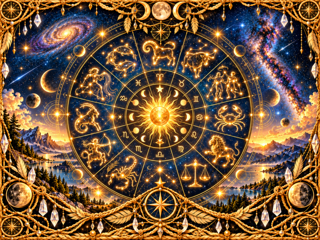 Constellations zodiacales représentées en cercle autour d’un Soleil central, avec figures symboliques du zodiaque, étoiles, phases lunaires, cristaux et cadre en macramé doré.