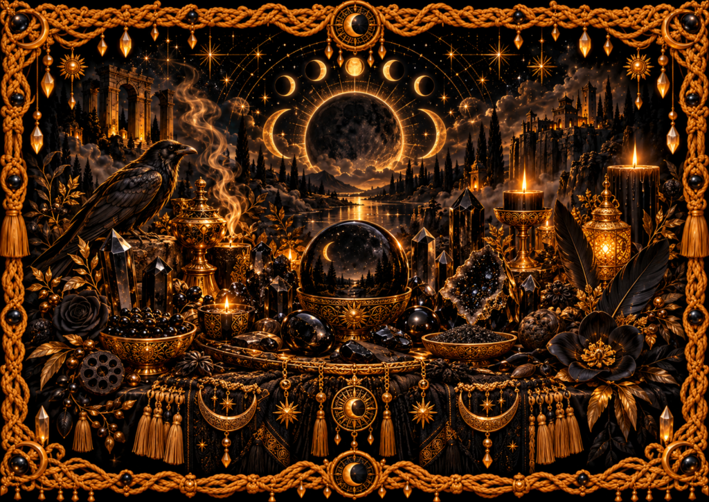 Composition consacrée à la couleur noire avec corbeau, cristaux noirs, fleurs sombres, bougies, lune noire, objets rituels et cadre complet en macramé doré ancien.