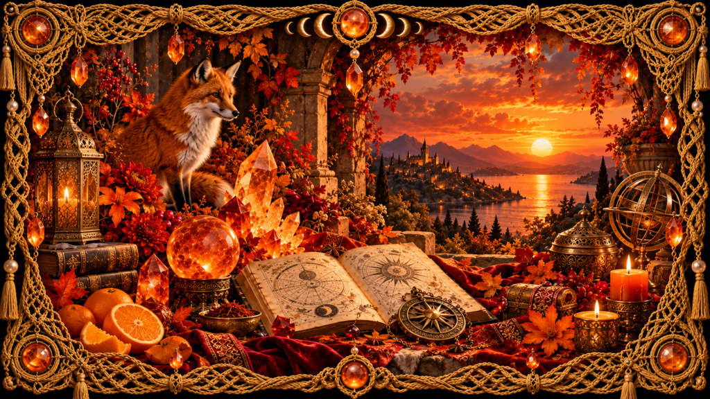 Composition consacrée à la couleur orange avec renard roux, agrumes, fleurs orangées, cristaux ambrés, lumière de coucher de soleil et cadre complet en macramé doré ancien.