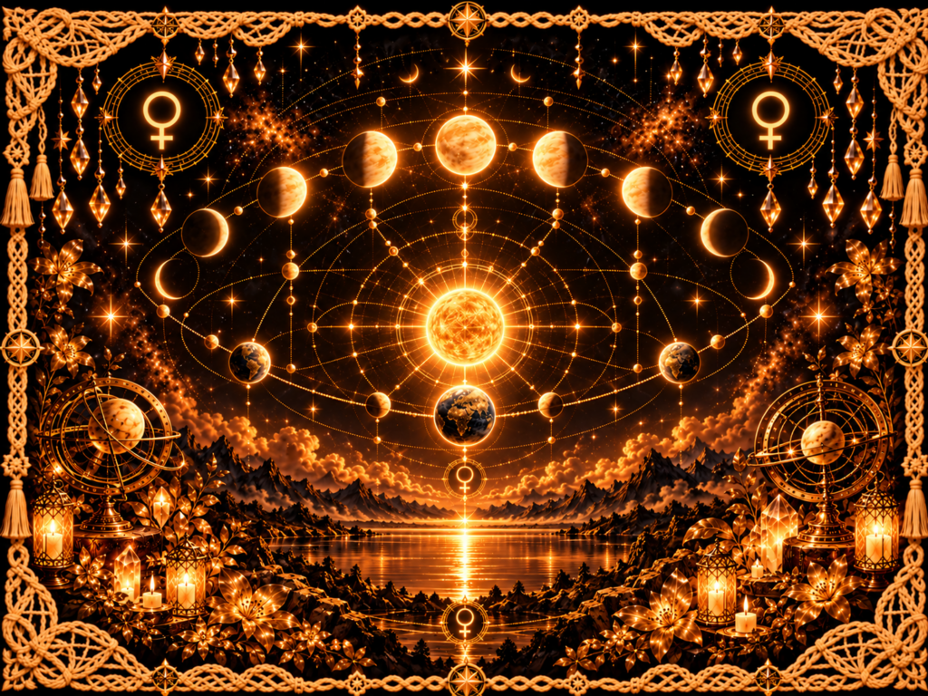 Illustration mystique en doré ancien du cycle synodique de Vénus, avec Vénus, le Soleil, des trajectoires célestes et un cadre macramé lumineux dans un style de grimoire sacré.