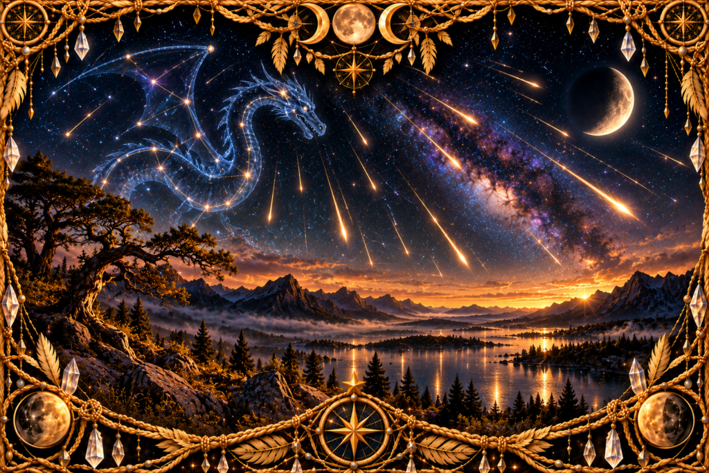 Draconides : Pluie de météores des Draconides traversant un ciel étoilé, près de la constellation du Dragon, au-dessus de montagnes et d’un lac, dans un cadre lumineux en macramé doré.