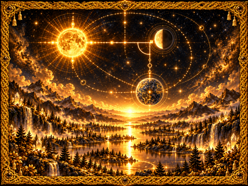 Élongation lunaire proche de quatre-vingt-dix degrés représentée par le Soleil, la Terre et la Lune disposés selon un angle apparent droit, avec tracés géométriques, cristaux lumineux et cadre en macramé doré.