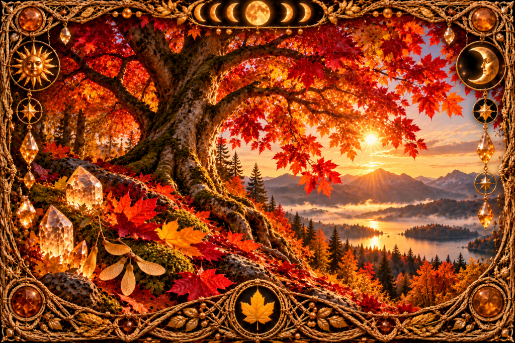 Érable ancien au feuillage rouge, orange et doré dans un paysage d’automne, entouré de samares, de cristaux, de montagnes, d’un lac et d’un cadre en macramé doré ancien.