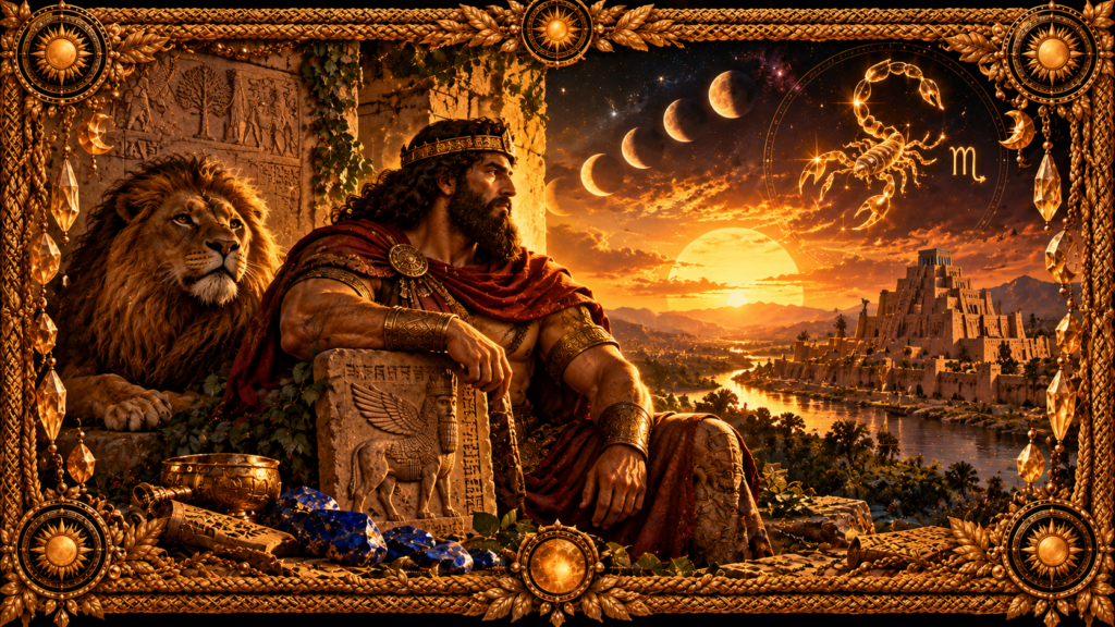 Gilgamesh représenté comme un roi guerrier mésopotamien dans un paysage d’Uruk, accompagné d’un lion, d’une tablette sculptée, d’un ziggourat, de symboles célestes et d’un cadre complet en macramé doré ancien.
