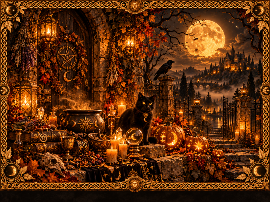 Décor mystique d’Halloween sous une grande pleine lune, avec chat noir, corbeau, citrouilles sculptées, chaudron, bougies, cristaux, symboles lunaires et cadre complet en macramé doré ancien.