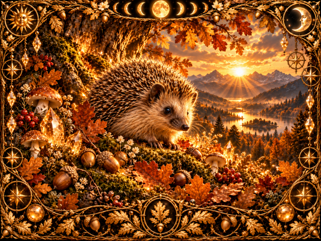 Hérisson d’Europe dans un sous-bois d’automne, entouré de feuilles, de glands, de champignons, de cristaux et d’un cadre en macramé doré ancien.
