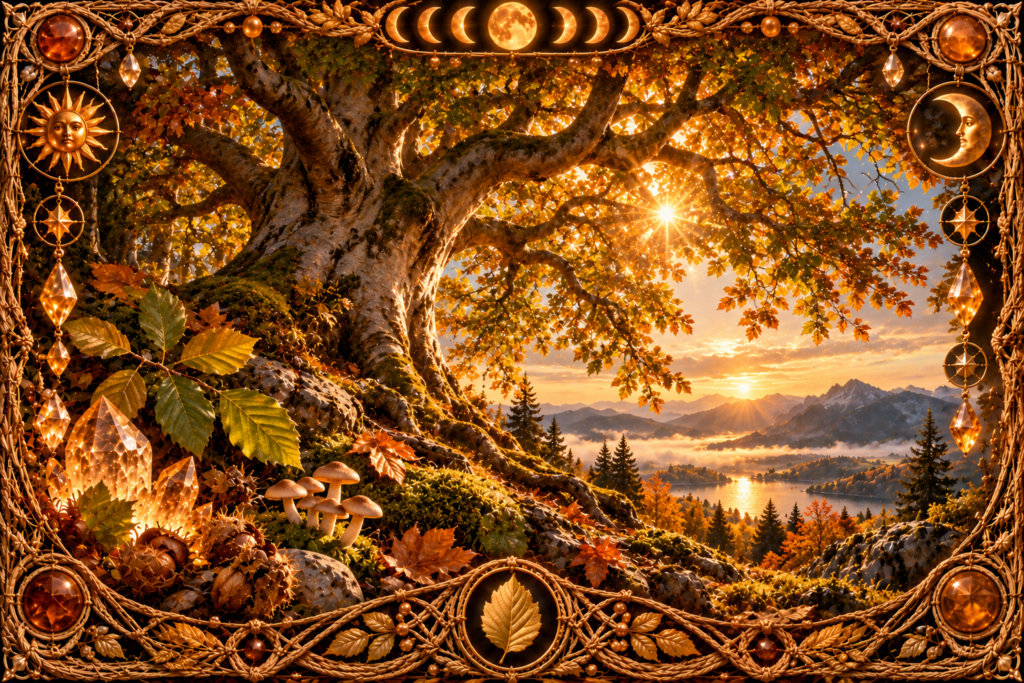 Hêtre ancien aux racines puissantes dans une forêt dorée d’automne, entouré de feuilles, de faînes, de champignons, de cristaux et d’un cadre en macramé doré ancien.
