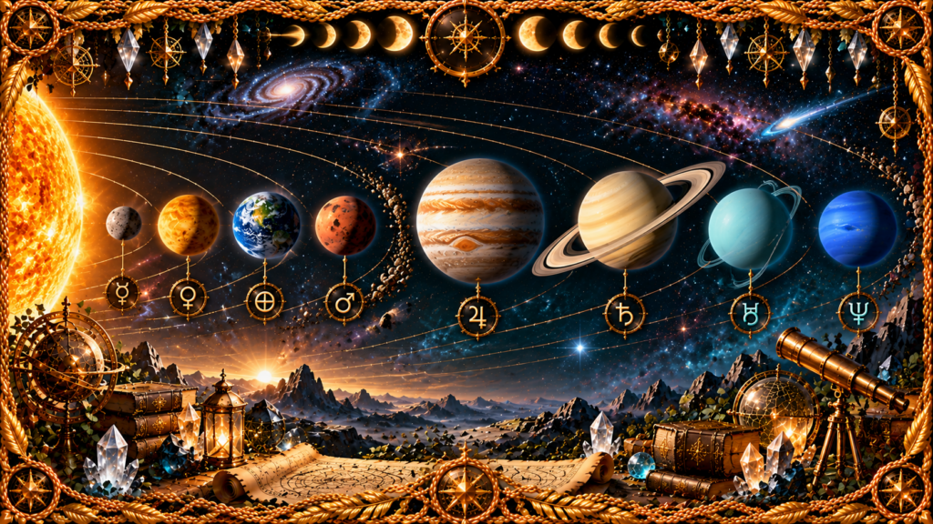 Les huit planètes du Système solaire représentées dans l’ordre depuis le Soleil : Mercure, Vénus, Terre, Mars, Jupiter, Saturne, Uranus et Neptune, entourées d’orbites, de symboles célestes, de cristaux et d’un cadre doré.