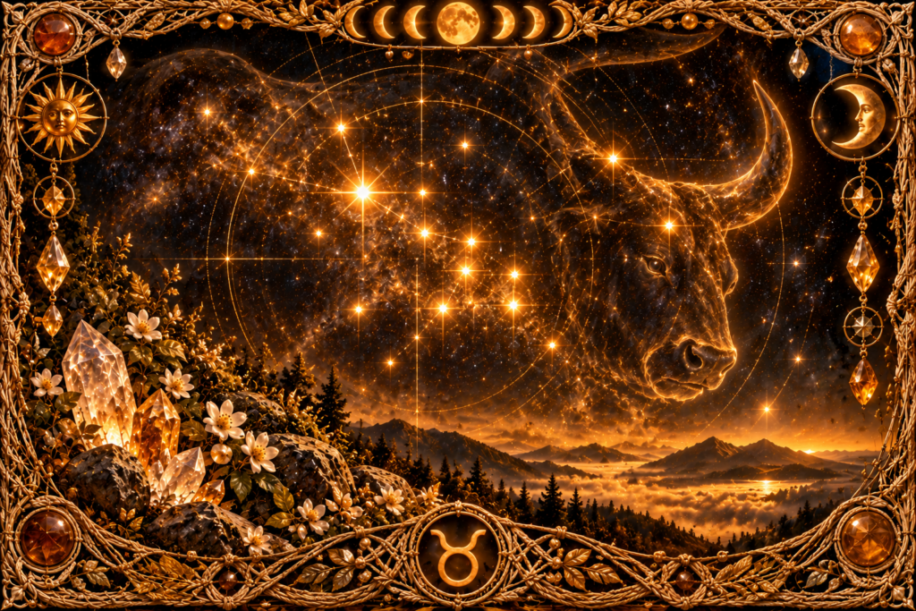 Amas des Hyades représenté dans la constellation du Taureau par des étoiles dorées reliées dans un ciel profond, au-dessus d’un paysage montagneux et entouré d’un cadre en macramé doré ancien avec cristaux et phases lunaires.