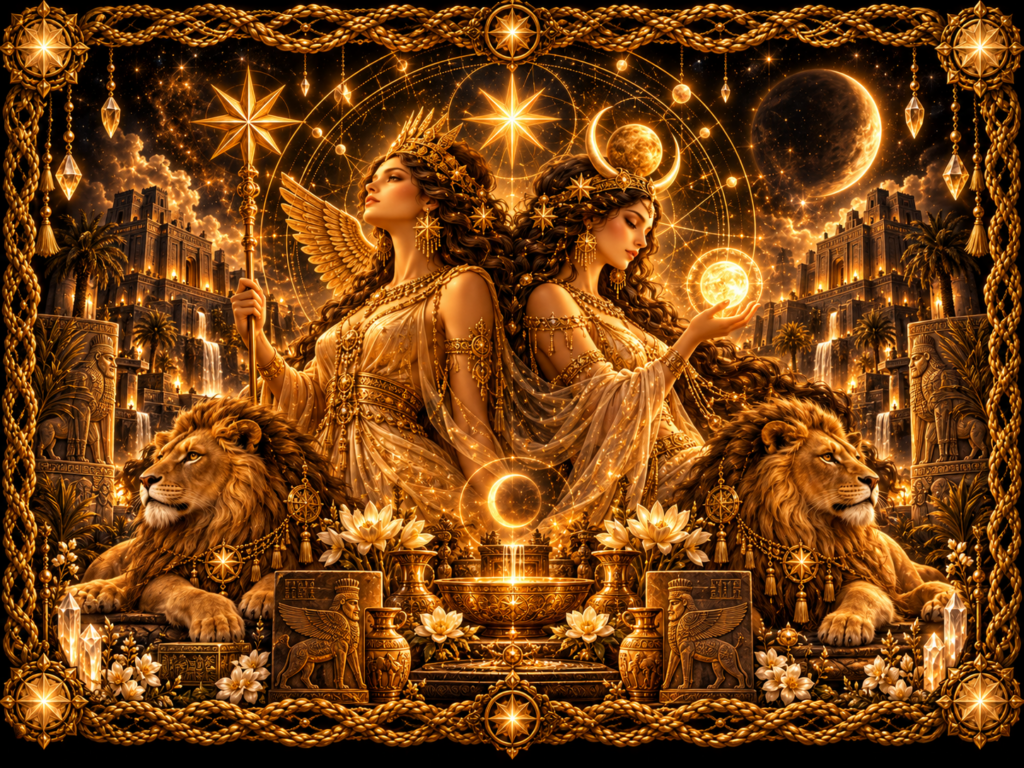 Illustration dorée d’Inanna et Ištar, figures sacrées liées à Vénus, dans un univers céleste et symbolique.
