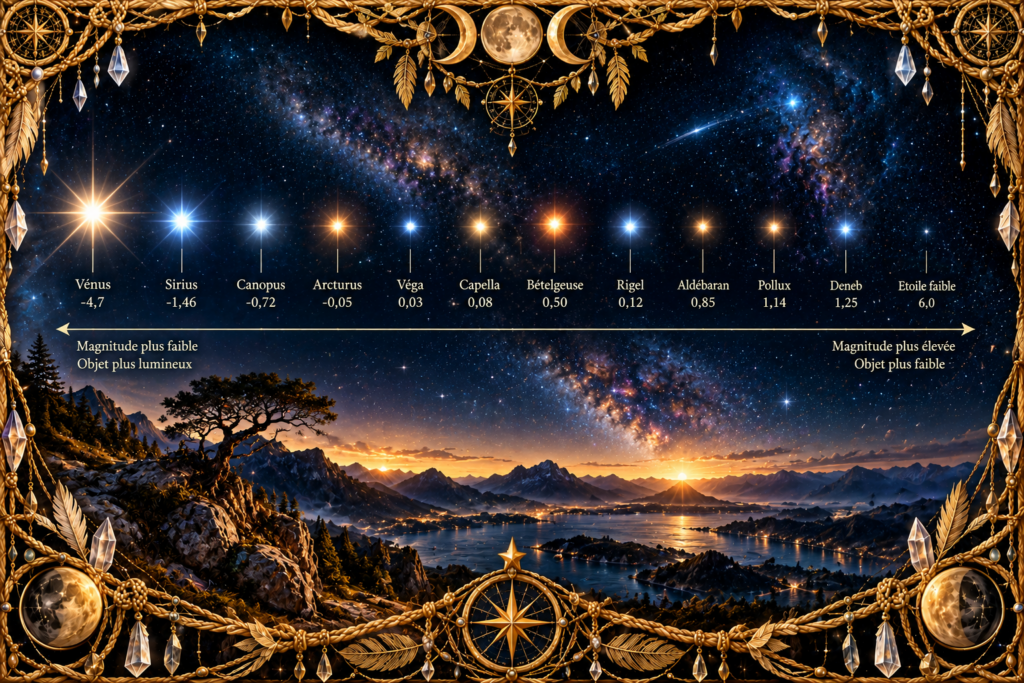 Magnitude apparente des astres représentée par une série d’astres de luminosités différentes, de Vénus et Sirius jusqu’aux étoiles les plus faibles, dans un ciel profond encadré de macramé doré.