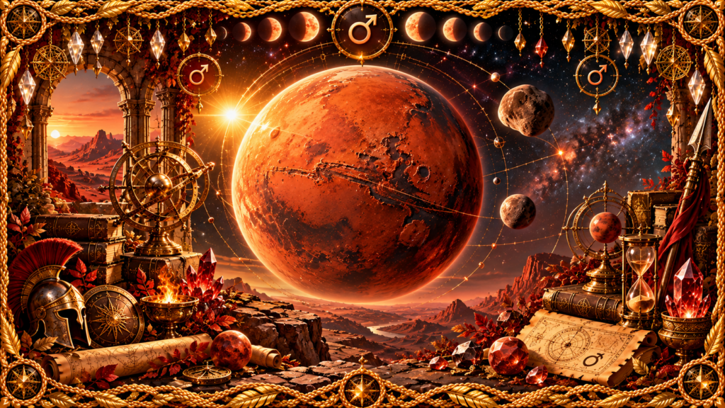Planète Mars représentée comme un monde rocheux rouge-orangé, entourée de ses petites lunes, d’orbites, de symboles célestes, de cristaux et d’un cadre doré inspiré du Grimoire d’Alchymia Elyanna.