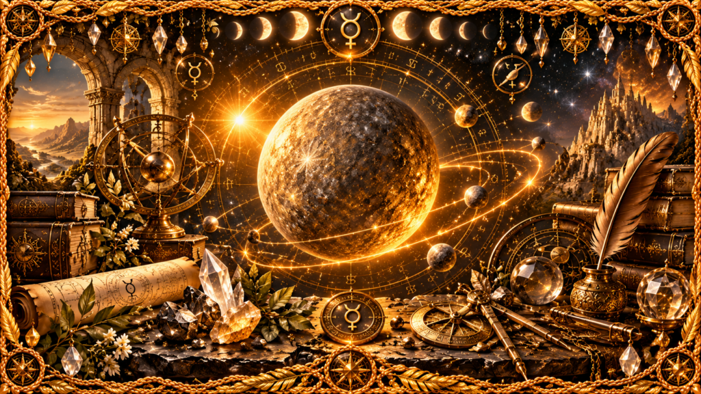 Planète Mercure représentée comme un monde rocheux et cratérisé, proche du Soleil, entourée d’orbites, de symboles célestes, de cristaux et d’un cadre doré dans l’univers du Grimoire d’Alchymia Elyanna.