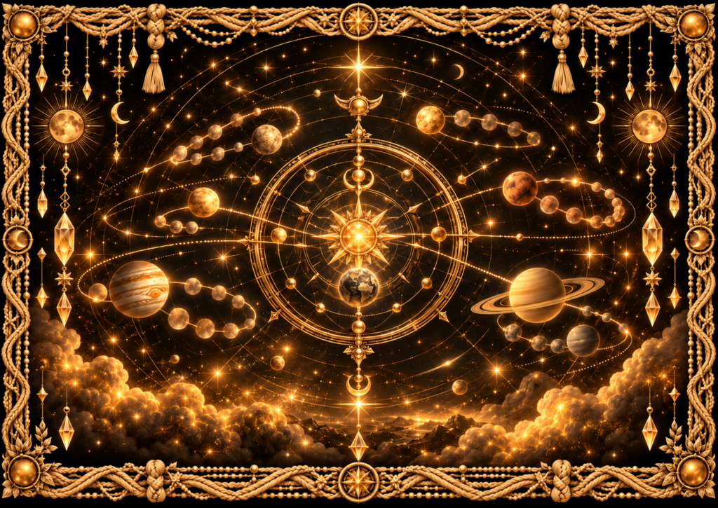 Mouvements rétrogrades apparents représentés par plusieurs planètes suivant des trajectoires en boucle autour du Soleil et de la Terre, dans un ciel étoilé entouré d’un cadre complet en macramé doré ancien.