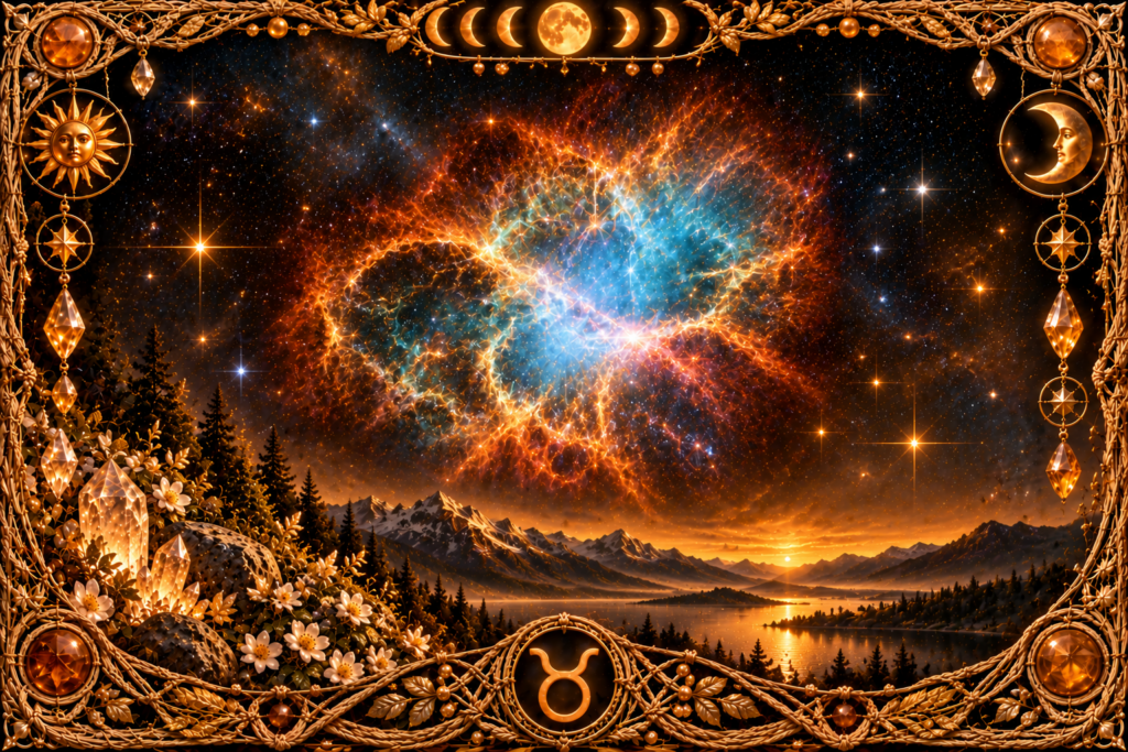 Nébuleuse du Crabe représentée comme un vaste nuage lumineux de gaz et de filaments dans un ciel profond, au-dessus d’un paysage montagneux doré et entourée d’un cadre en macramé ancien avec cristaux, phases lunaires et symbole du Taureau.