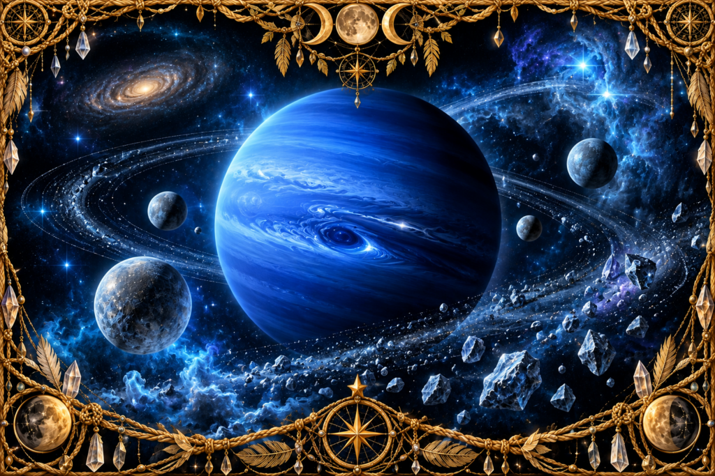 Planète Neptune représentée comme une immense planète bleue dans un ciel profond, entourée d’étoiles, de lunes, de poussières glacées, de cristaux et d’un cadre en macramé doré.