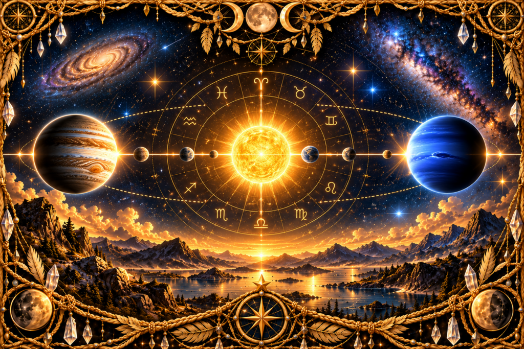 Opposition d’une planète représentée par un alignement céleste avec le Soleil, la Terre et une planète extérieure placée à l’opposé du Soleil, entourés d’orbites, d’étoiles et d’un cadre en macramé doré.