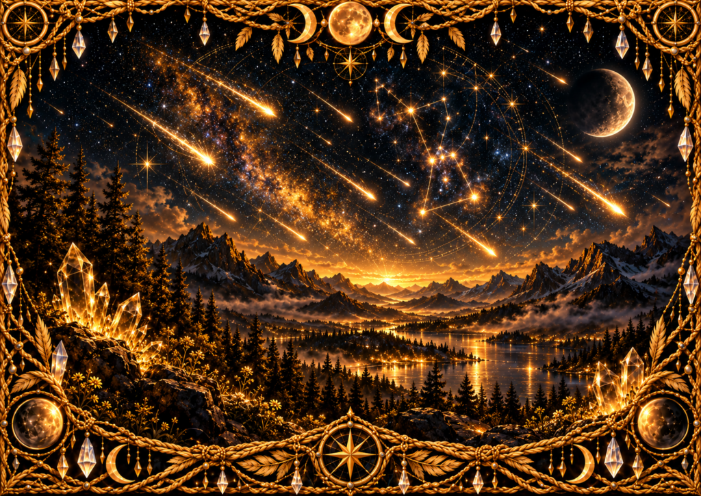 Pluie de météores des Orionides traversant un ciel étoilé au-dessus d’une vallée montagneuse et d’un lac, avec la constellation d’Orion suggérée dans le ciel et un cadre doré tissé de cristaux.