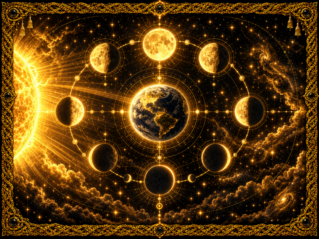 Illustration dorée des phases Lunaires autour de la Terre, dans un univers de grimoire ancien aux tons or profond et ciel étoilé.