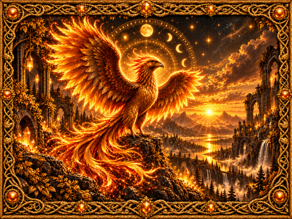 Phénix majestueux aux ailes déployées dans une lumière dorée et flamboyante, entouré de cristaux, de phases lunaires, de montagnes et d’un cadre complet en macramé doré ancien.