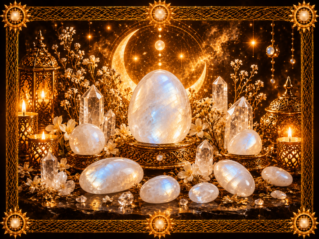 Pierres de lune blanches aux reflets nacrés et bleutés, entourées de cristaux, de fleurs, de bougies et d’un croissant lunaire dans un décor doré du Grimoire d’Alchymia Elyanna.