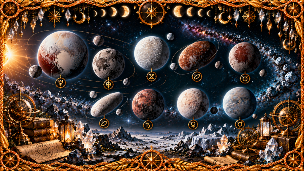 Plusieurs planètes naines représentées comme des mondes glacés et rocheux entourés de leurs lunes, d’orbites, de cristaux, d’instruments célestes et d’un cadre doré dans l’univers du Grimoire d’Alchymia Elyanna.