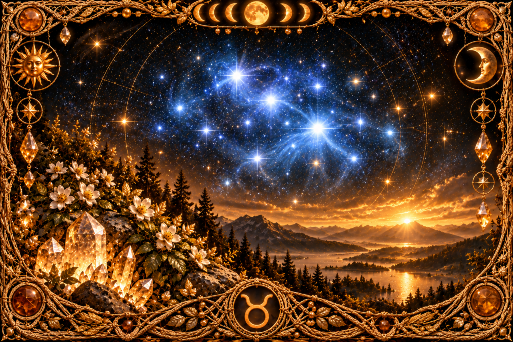 Amas des Pléiades représenté par plusieurs étoiles bleu-blanc très lumineuses dans un ciel profond, au-dessus d’un paysage montagneux doré et entouré d’un cadre en macramé ancien avec cristaux, phases lunaires et symbole du Taureau.