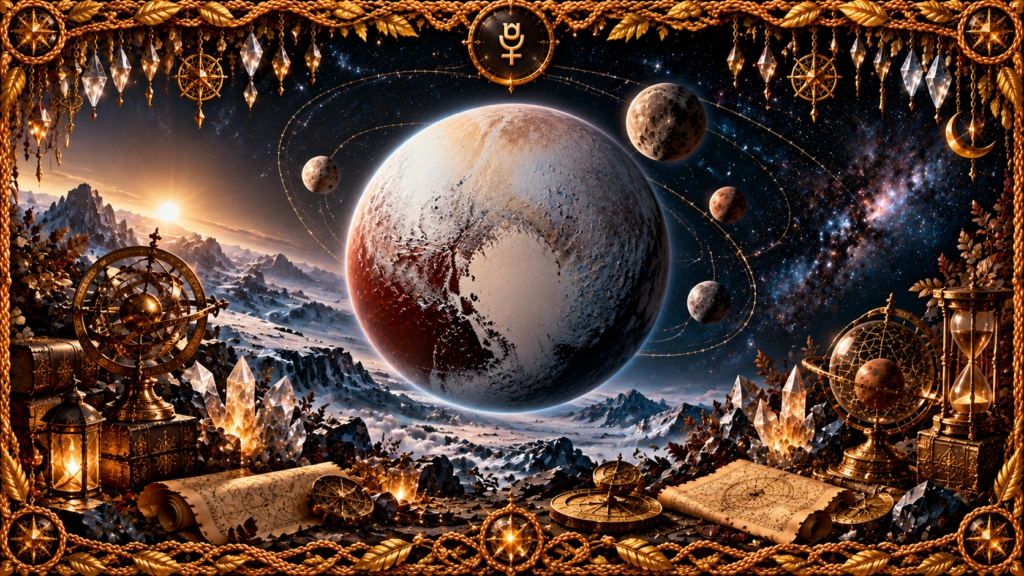 Pluton représentée comme un monde glacé et rocheux aux régions claires et sombres, entourée de plusieurs lunes, d’orbites, de cristaux et d’un cadre doré inspiré du Grimoire d’Alchymia Elyanna.