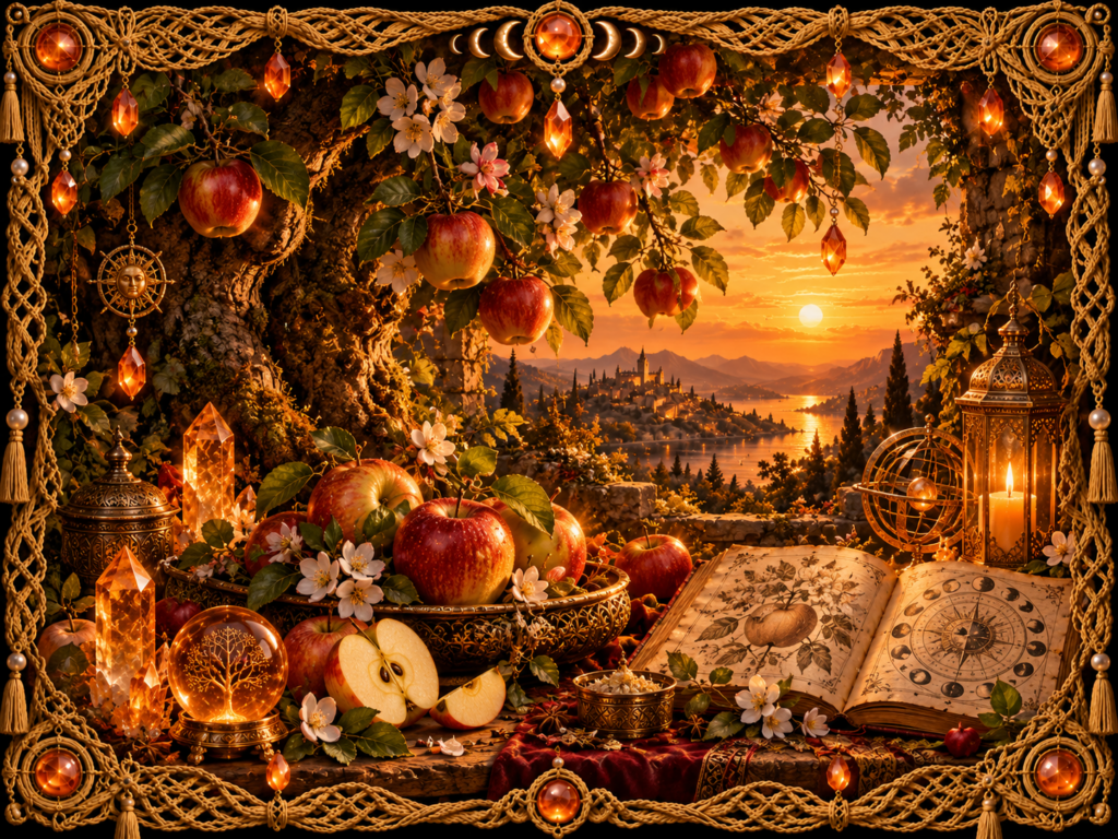 Pommier chargé de pommes rouges et de fleurs blanches, avec fruits entiers et coupés, cristaux, grimoire ouvert, instruments célestes et cadre complet en macramé doré ancien.