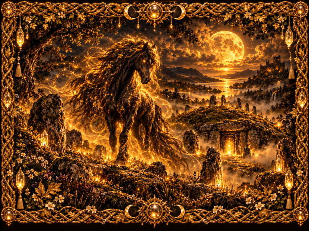 Cheval féerique représentant le Púca sous une lune celte, dans un paysage mystique encadré d’un tissage doré ancien.