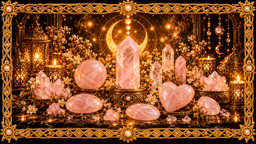 Quartz rose sous différentes formes, en pointes, galets, sphère, cœur et amas cristallin, entouré de fleurs, de lanternes et d’un cadre complet en macramé doré ancien.