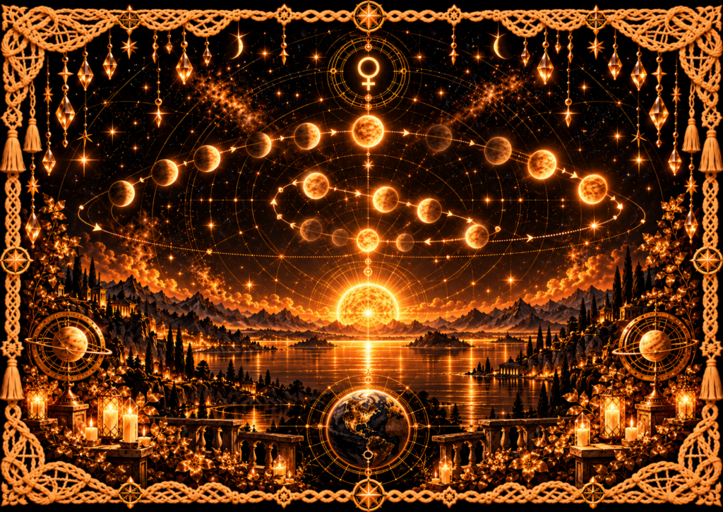 Rétrogradation apparente de Vénus représentée par une succession de positions de la planète formant une boucle dans le ciel, avec la Terre, le Soleil, des orbites dorées et un cadre complet en macramé doré ancien.