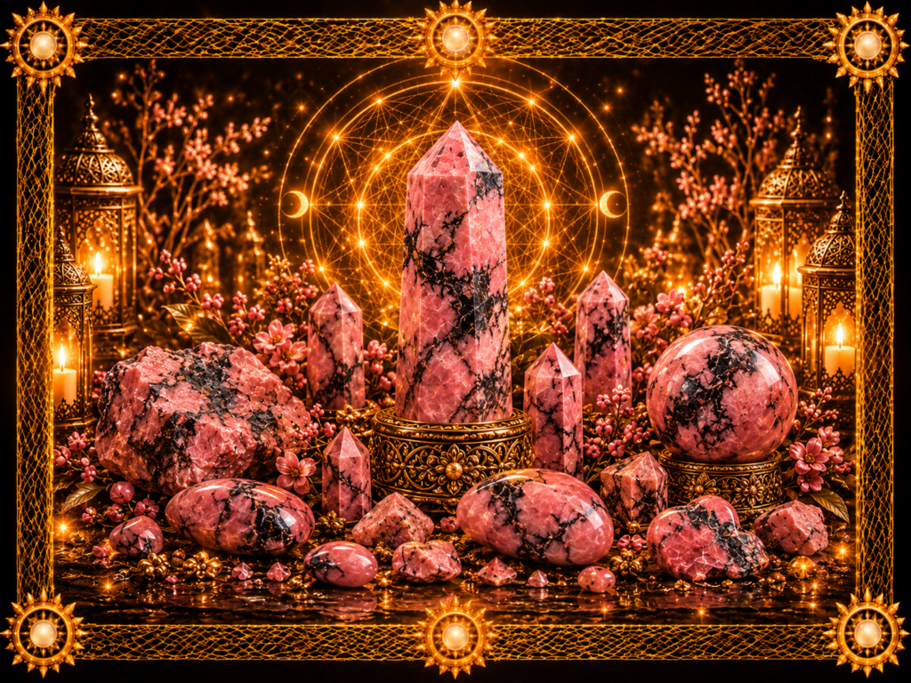 Autel mystique doré consacré à la rhodonite, avec pierres roses et noires, lumière chaude et cadre en macramé dans l’univers du grimoire.
