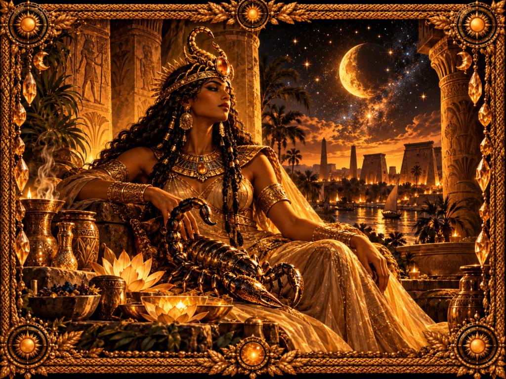 Serket représentée comme une déesse égyptienne accompagnée d’un grand scorpion, dans un temple au bord du Nil, sous un ciel étoilé et une lumière dorée ancienne.