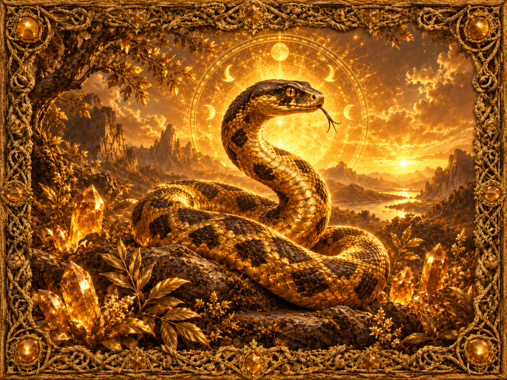 Serpent majestueux aux écailles dorées dans un paysage minéral et végétal, entouré de cristaux, de phases lunaires et d’un cadre complet en macramé doré ancien.