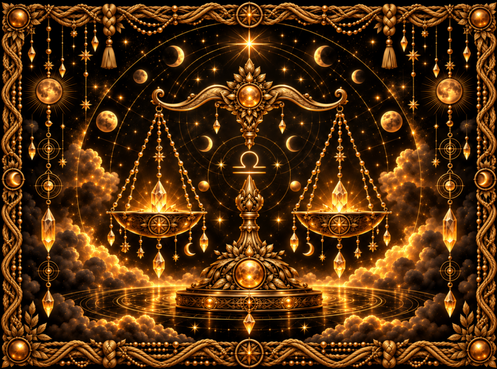 Balance dorée en or ancien suspendue dans un ciel céleste sombre, entourée du symbole de la Balance, de phases lunaires, de cristaux et d’un cadre complet en macramé tissé.