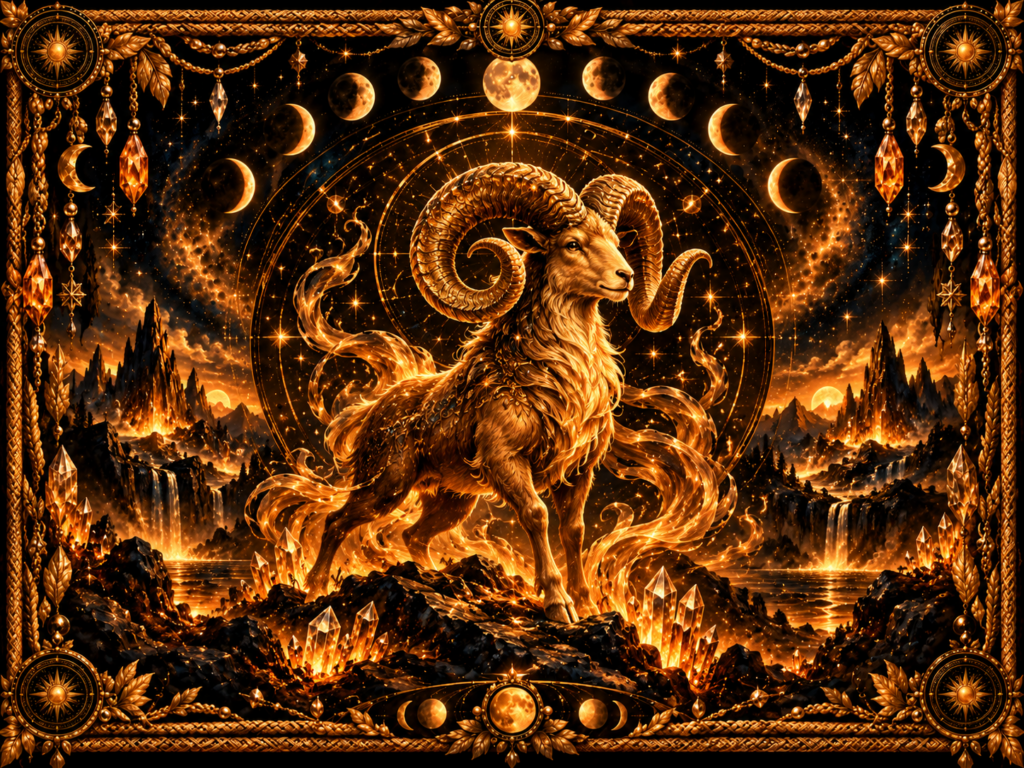 Signe du Bélier : Bélier majestueux aux cornes spiralées dans un paysage rocheux baigné de lumière dorée, entouré de phases lunaires, de cristaux et d’un cadre complet en macramé doré ancien.