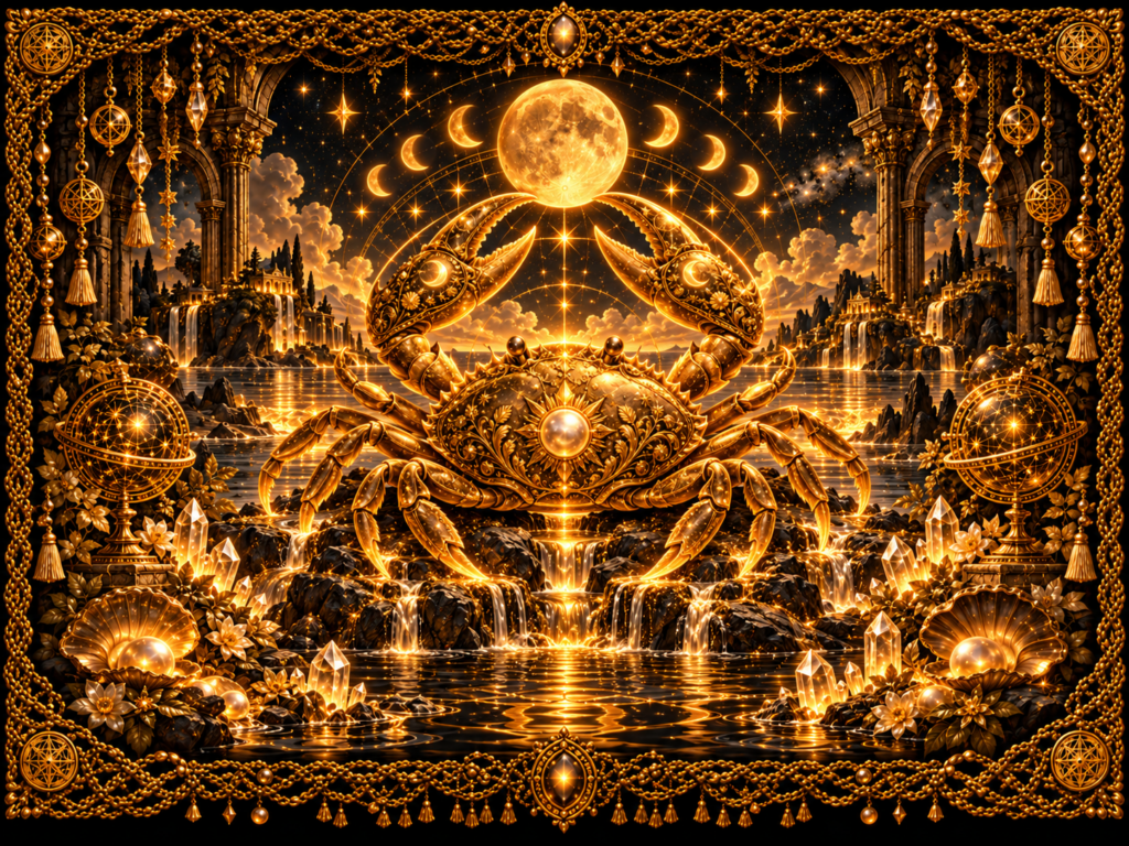 Signe du cancer : Crabe doré sous une grande Lune lumineuse, entouré d’eau, de perles, de cristaux, de phases lunaires et d’un cadre complet en macramé doré ancien.