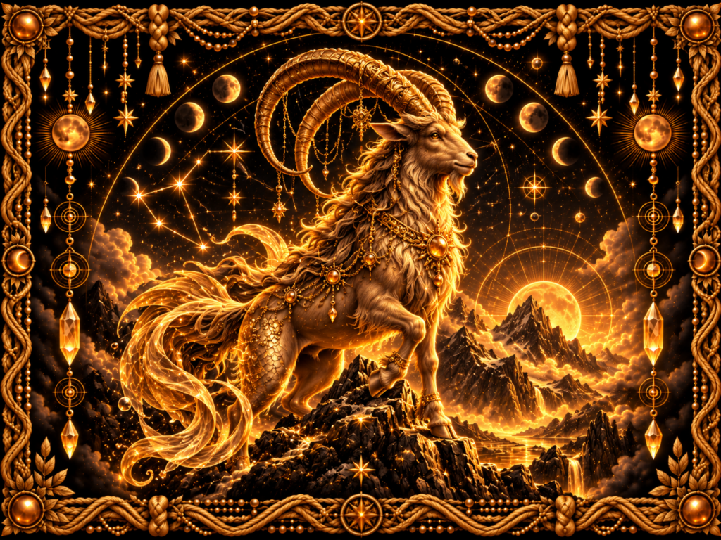 Capricorne représenté par une créature mi-bouc mi-poisson avançant sur un relief montagneux sous un ciel étoilé, entouré de phases lunaires, de cristaux et d’un cadre complet en macramé doré ancien.