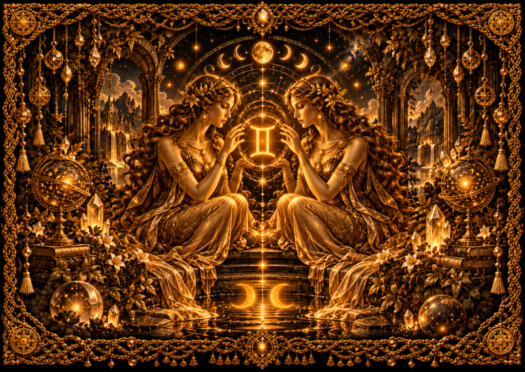 Illustration du signe des Gémeaux avec deux figures jumelles dorées dans un décor céleste, entourées d’un cadre macramé en or ancien.