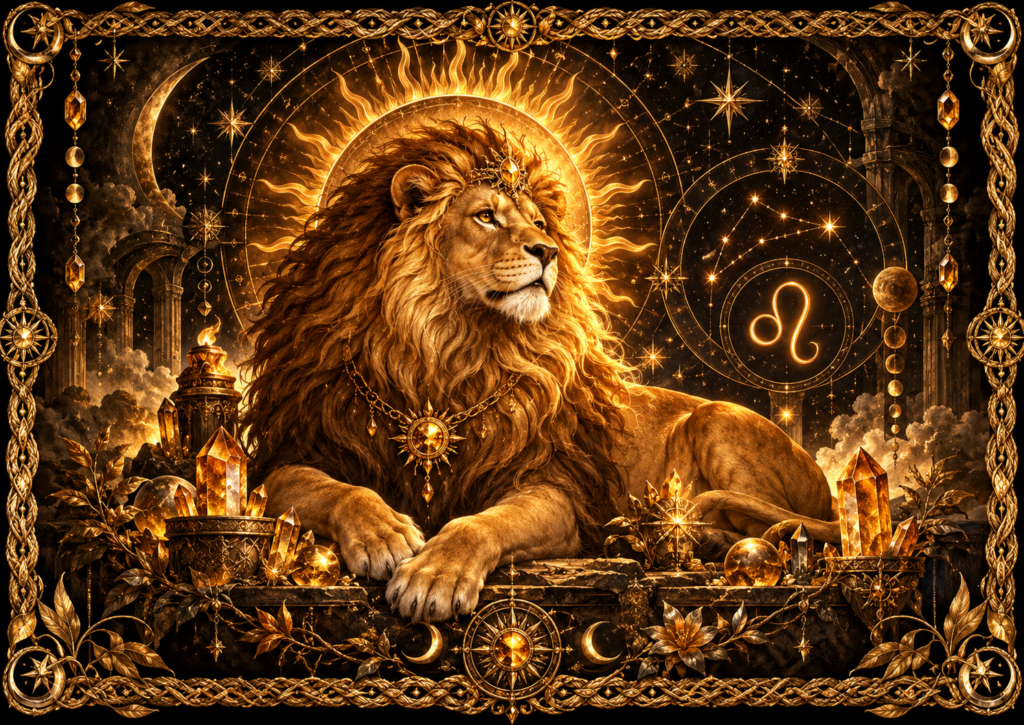Lion majestueux devant un disque solaire rayonnant, accompagné du symbole du Lion, de cristaux, d’étoiles et d’un cadre complet en macramé doré ancien.