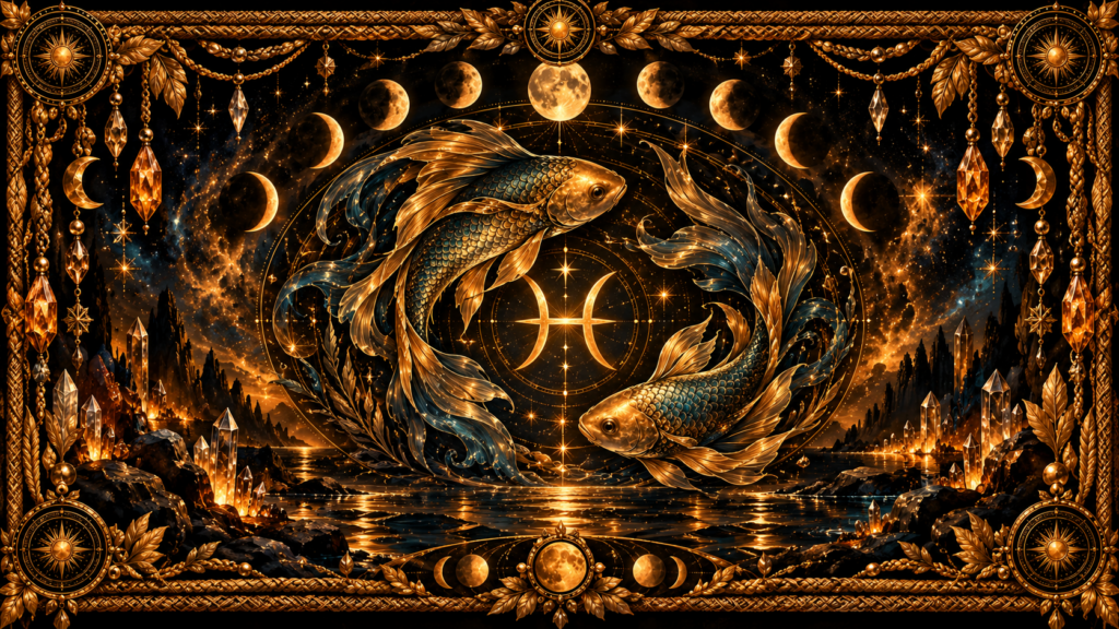 Signe des Poissons : Deux poissons dorés nageant en cercle autour du symbole des Poissons, dans un paysage céleste nocturne entouré de phases lunaires, de cristaux et d’un cadre horizontal complet en macramé doré ancien.