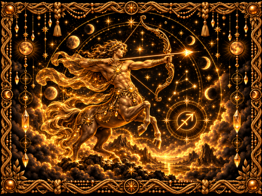 Sagittaire représenté par un archer-centaure doré bandant son arc sous un ciel étoilé, entouré de phases lunaires, de cristaux et d’un cadre complet en macramé doré ancien.