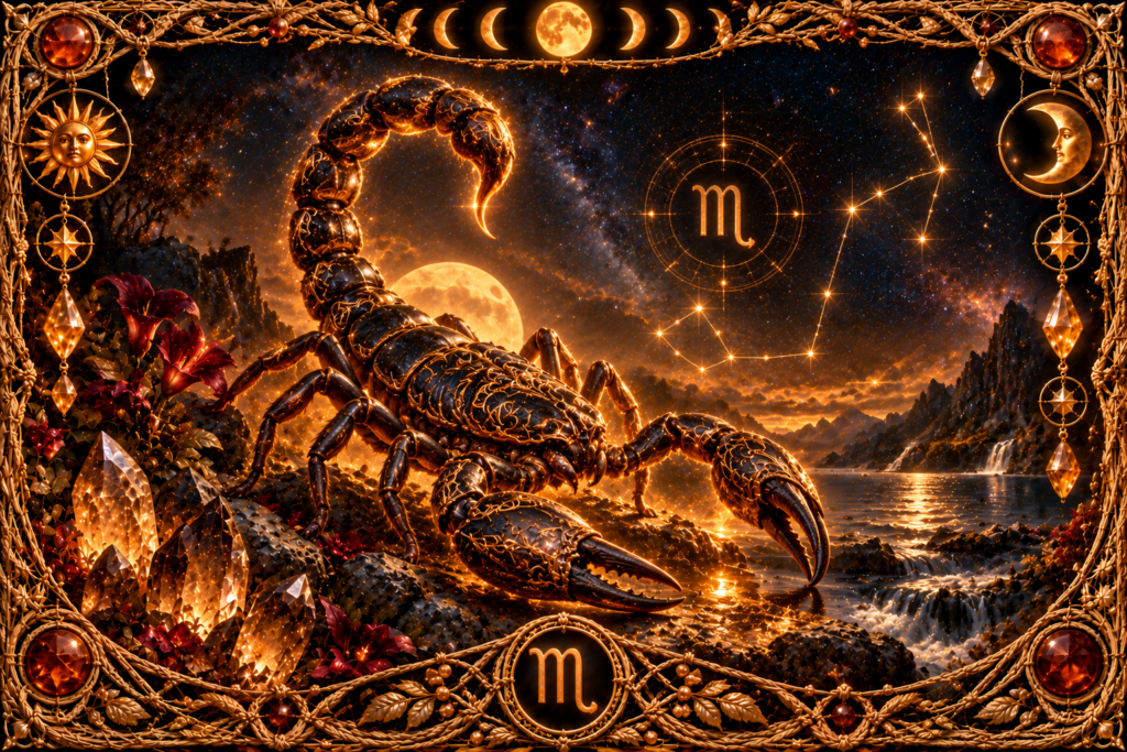Signe du scorpion : Scorpion noir aux reflets dorés dans un paysage nocturne baigné d’ambre, entouré de cristaux, de fleurs sombres, de la constellation du Scorpion, de phases lunaires et d’un cadre en macramé doré ancien.